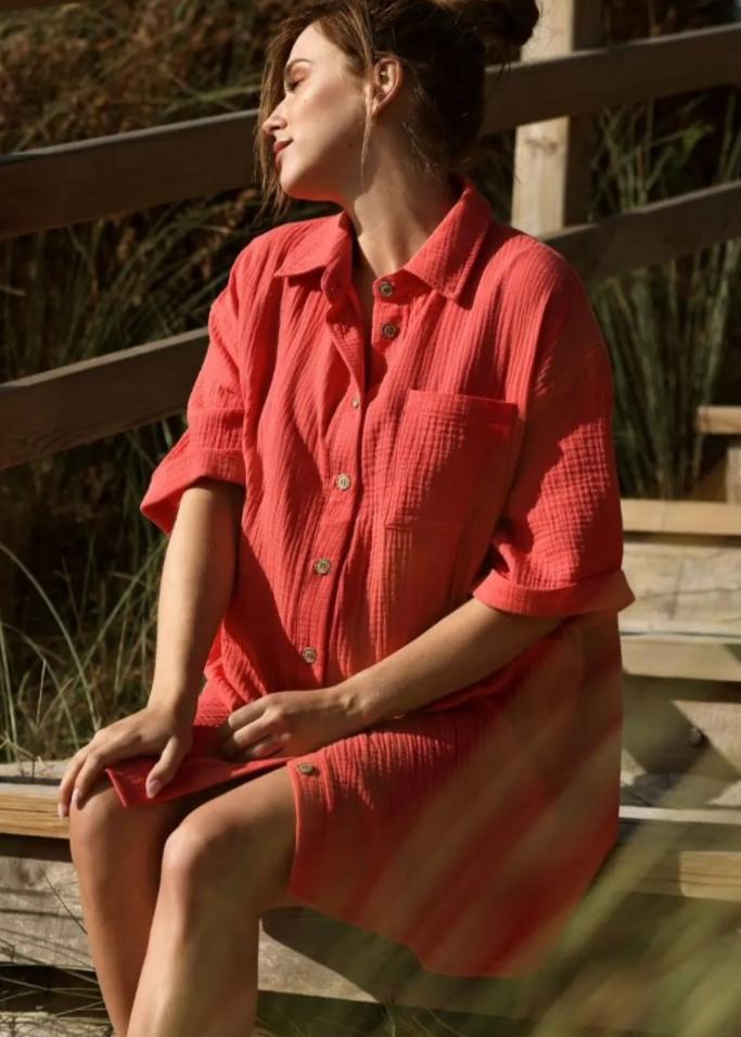 red maternity shirt dress